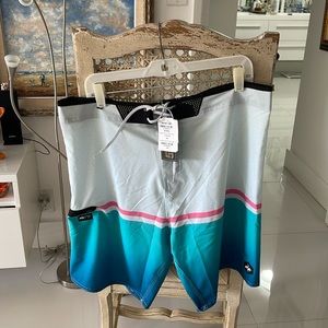 Natural Art Blue/Aqua/Black/White/Pink Stripe Mens Bermuda Swim Shorts